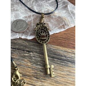 Bronze Victorian Goth Royal Crown Key Pendant Necklace